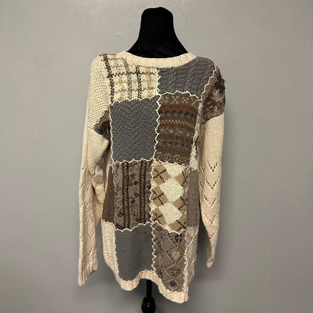 Vintage Jenny Buchanan Patchwork Crew Neck Sweater Dress Medium Beige Brown